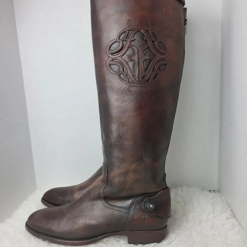 Frye Lindsay Womens Boots Size 8.5 Logo Embroidered Brown Riding Back Side Zip